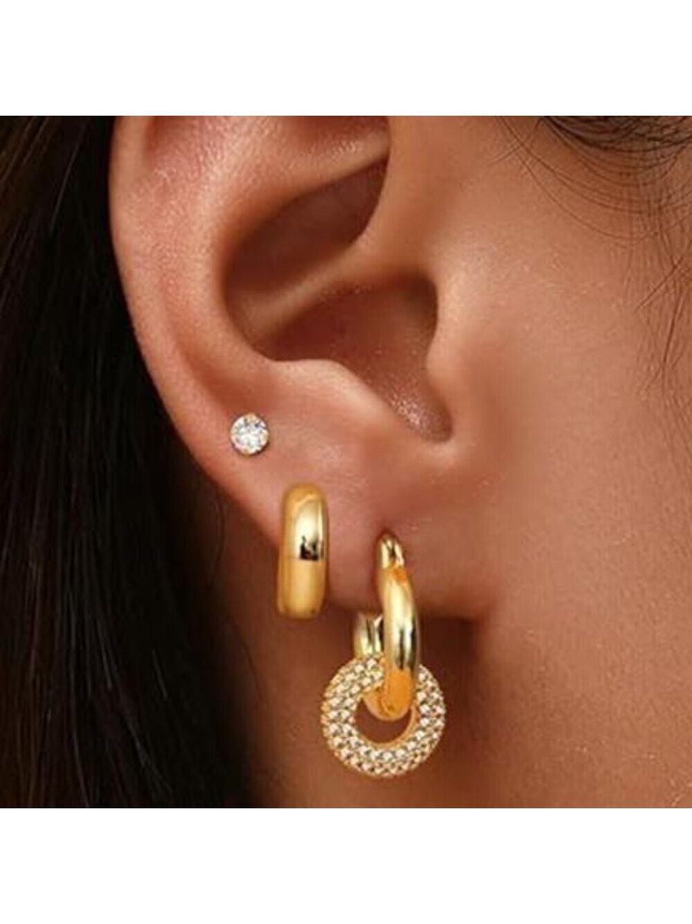 3 Pairs 14K Gold Plated Stackable Earrings Set Huggie Hoop Earrings - Picture 7 of 7